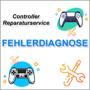 Preview: Abgebildeter PS4 Dualshock und PS5 Dualsense Controller und Schrift Controller Reparaturservice Fehlerdiagnose