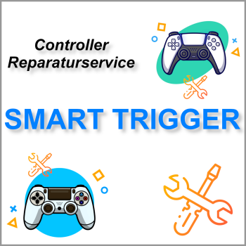 Preview: Ein abgebildeter PS4 Dualshock und PS5 Dualsense Controller mit dem Schriftzug Controller Reparatur Smart Trigger