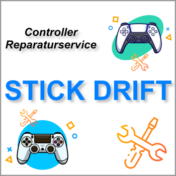 Preview: Abgebildeter PS4 Dualshock und PS5 Dualsense Controller mit dem Schriftzug Controller Reparaturservice Stick Drift