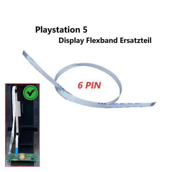 Ein weißes Kabel mit blauen Stecker mit Text Playstation 5 Display Flexband Ersatzteile